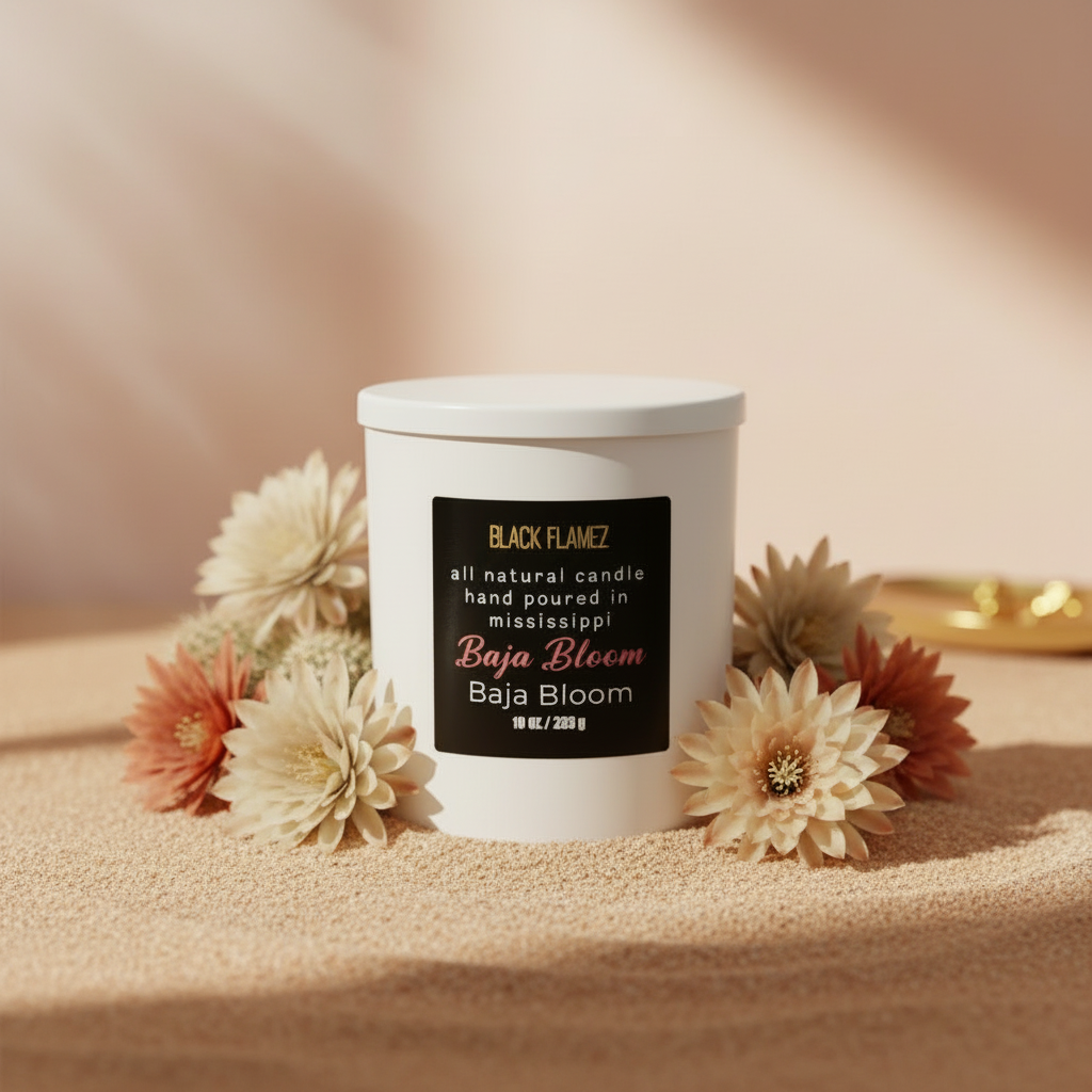 Black Flamez Baja Bloom candle in a warm desert-luxury setting with soft florals and sand