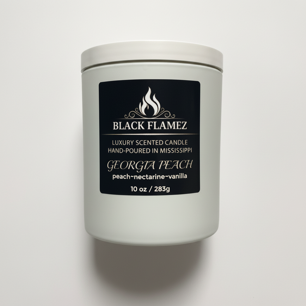 Georgia Peach white candle by Black Flamez on a white background