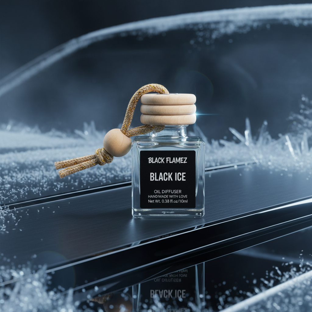 Black Flamez Black Ice car air freshener diffuser with frosted blue crystals, cool mist, and black chrome