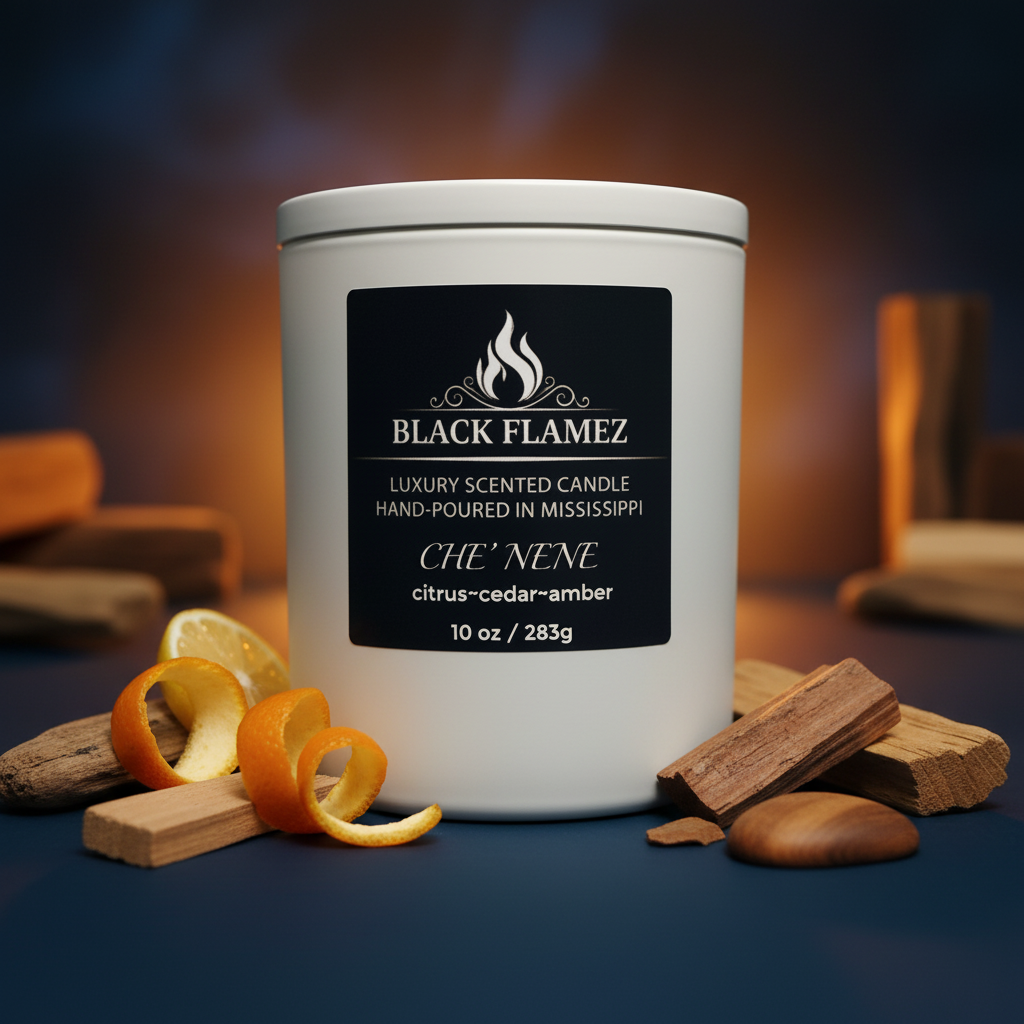 Che' NeNe scented candle by Black Flamez in a sophisticated citrus cedar and amber setting