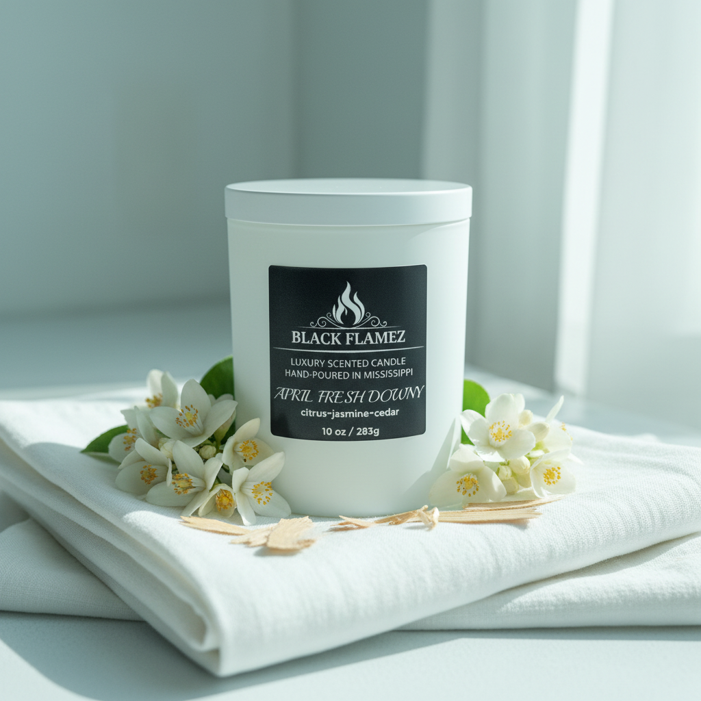 April Fresh Downy scented candle by Black Flamez with citrus, jasmine, and cedar notes