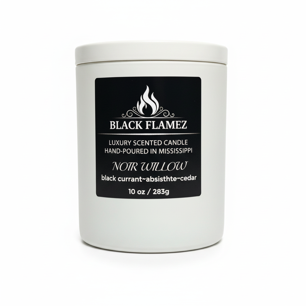 Noir Willow white candle by Black Flamez on a white background