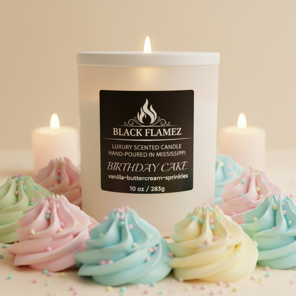 Birthday Cake scented candle by Black Flamez in a soft pastel birthday cake setting