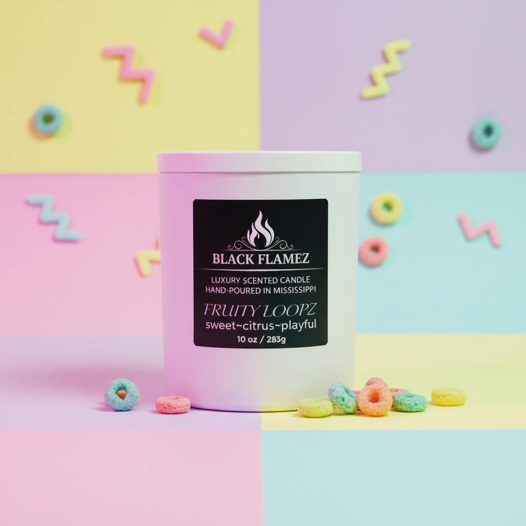 Black Flamez Fruity Loopz candle in a pastel retro cereal-inspired setting with colorful loops