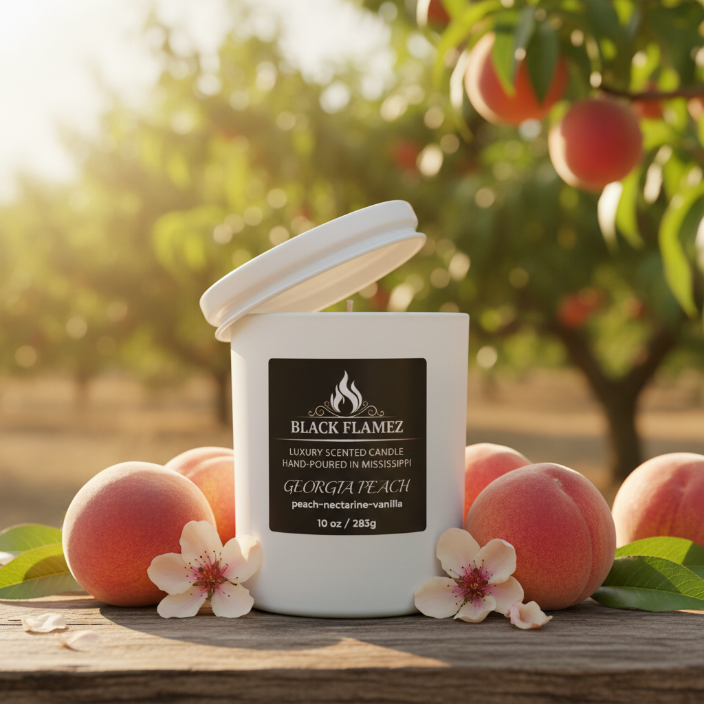 Georgia Peach scented candle by Black Flamez in a warm peach orchard setting