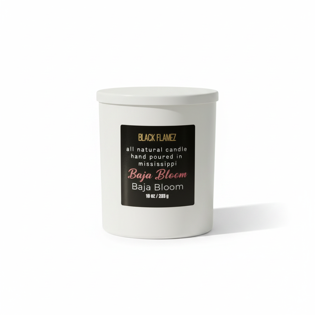 Black Flamez Baja Bloom candle in a white jar on a pure white background