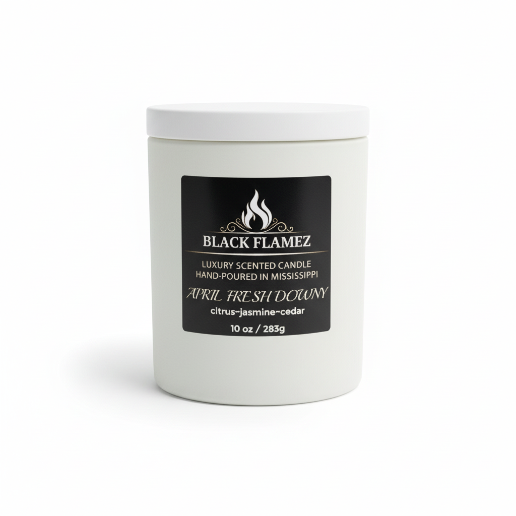 April Fresh Downy white candle by Black Flamez on a white background