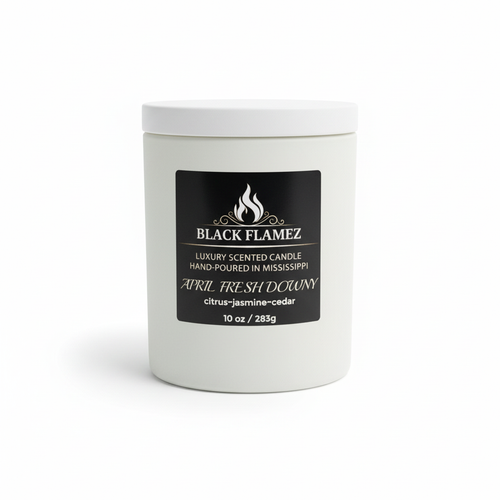 April Fresh Downy white candle by Black Flamez on a white background