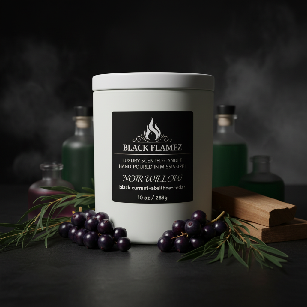 Noir Willow scented candle by Black Flamez in a moody black currant willow and cedar setting